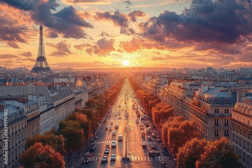 Fototapeta Naklejka Na Ścianę i Meble -  Aerial view of a wide Parisian avenue lined with trees and historic buildings at sunset with the Eiffel Tower in the background and dramatic cloudy sky