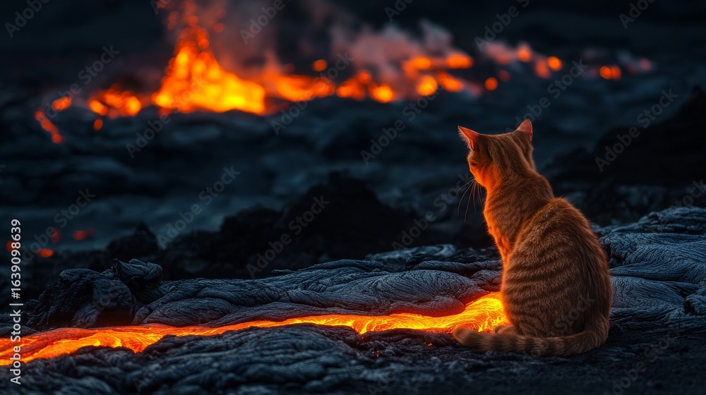 A mesmerizing scene of a cat gazing into a flowing lava stream. Nature and wildlife collide in this surreal moment. Perfect for thematic and artistic use. Generative AI A mesmerizing scene of a cat gazing into a flowing lava stream. Nature and wildlife collide in this surreal moment. Perfect for thematic and artistic use. Generative AI