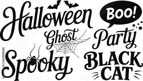 Halloween typography vector black and white illustration with spooky text ghost bat spiderweb cat party boo quote clipart for decoration print