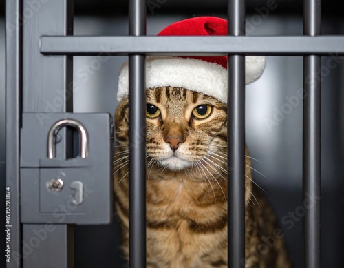 A cute cat wearing a Santa hat and prison outfit isolated on a white backdrop. Festive feline in striped costume plain background holiday pet photo.