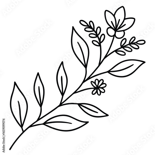 Elegant floral branch with leaves and flowers in minimalist design