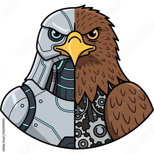 Conceptual illustration of a bionic eagle, half organic and half robotic, symbolizing the fusion of nature and technology.