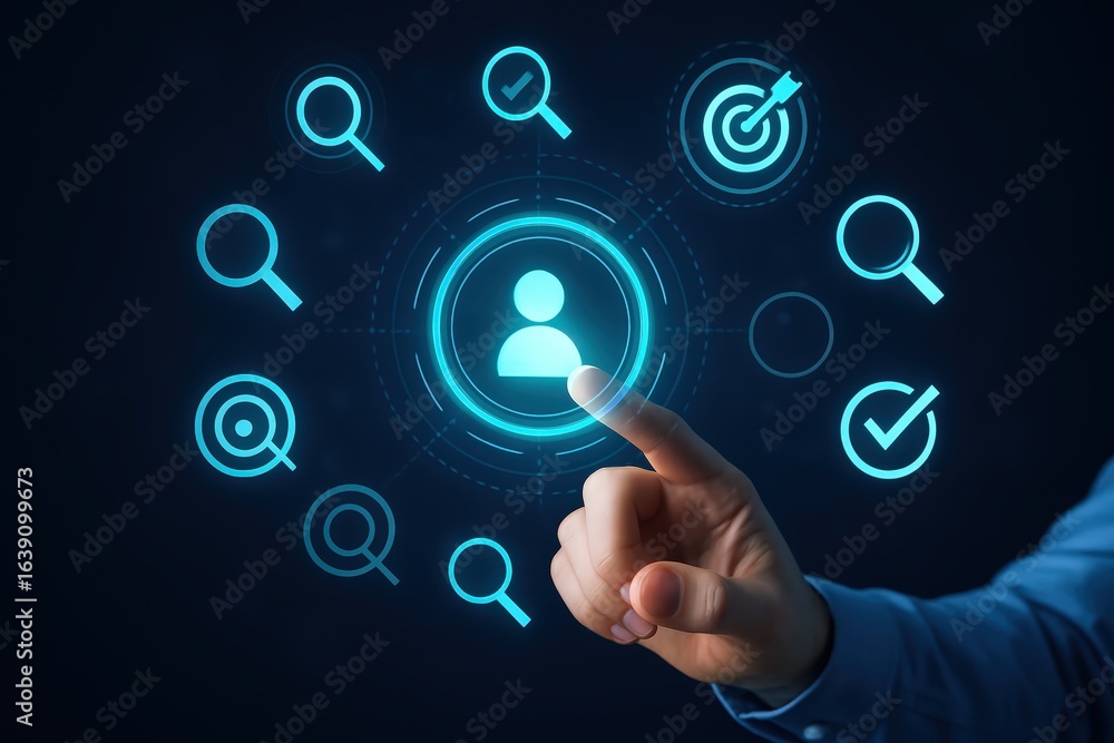 A hand interacts with a glowing user interface displaying search, target, and approval symbols. A hand interacts with a glowing user interface displaying search, target, and approval symbols.