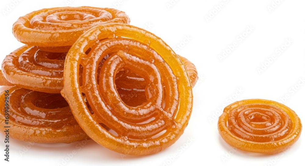 Fototapeta premium Isolated Indian jalebi spirals soaked in syrup on a white background for food photography or dessert display purposes