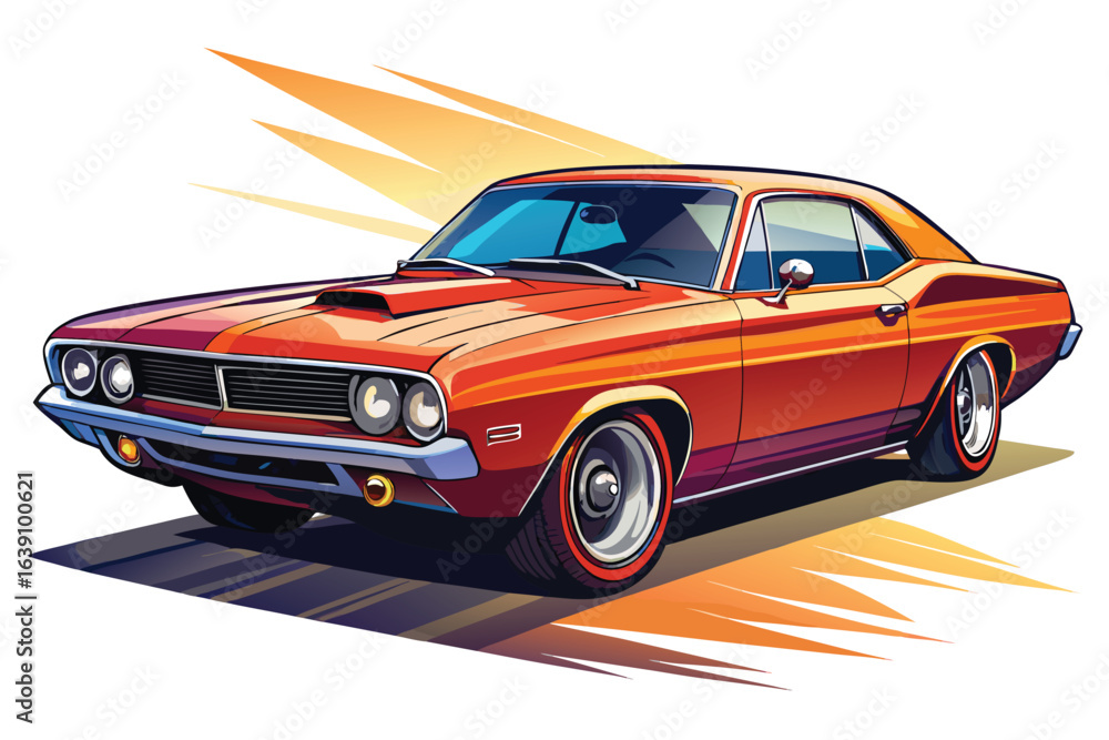 Obraz premium Vibrant orange classic muscle car illustration with exaggerated features and dynamic background design showcasing automotive nostalgia and style