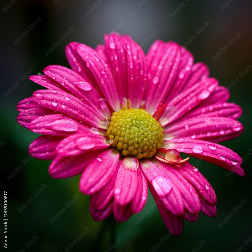 Obraz premium Macro shot of a vibrant pink chrysanthemum flower glistening with fresh morning dew drops on its delicate petals against a dark, blurred background
