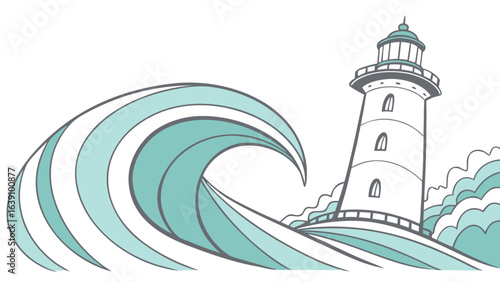 Stylized lighthouse illustration with waves and coastal scenery in light teal and gray tones on white background