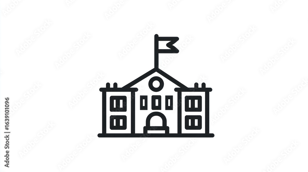 Black outline of a civic building with windows, an archway, and a flag atop Black outline of a civic building with windows, an archway, and a flag atop