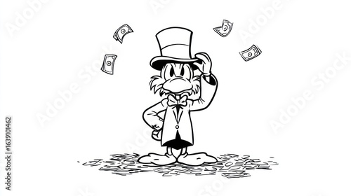 Cartoon duck in top hat stands amid money; bills float. Black and white line drawing