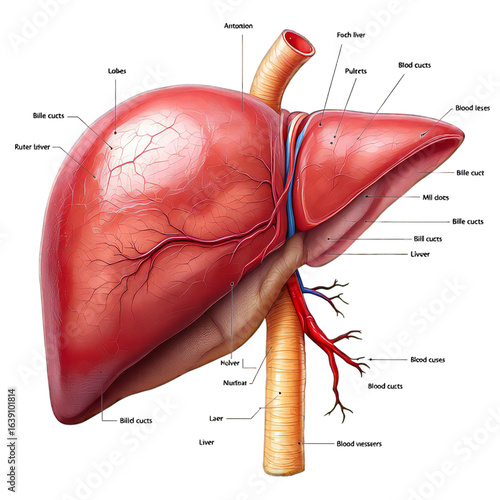 Illustration depicting the human liver with visible blood vessels and anatomical labels against black