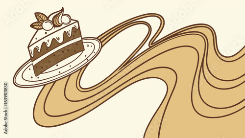 Chocolate layer cake slice on plate with abstract design background illustration for bakery or cafe promotion sweet treat