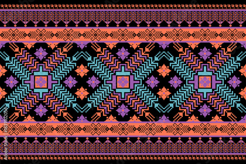 Pixel Weave Pattern in Coral Orchid Cyan Noir Tone. Traditional pixel-style weave, inspired by indigenous Southeast Asian textiles. Ideal for fabric prints, cultural decor, or ethnic fashion design.