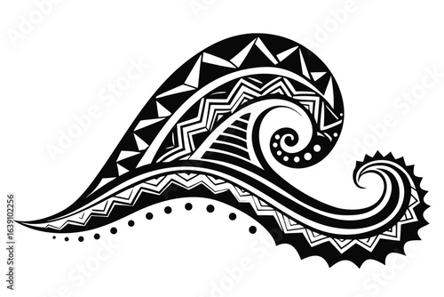 Abstract and white wave design with tribal patterning for tattoo or graphic design and ocean inspired art theme
