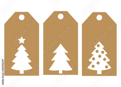 Set de etiquetas de precio con silueta de árboles de navidad en espacio negativo, para regalos de Navidad
