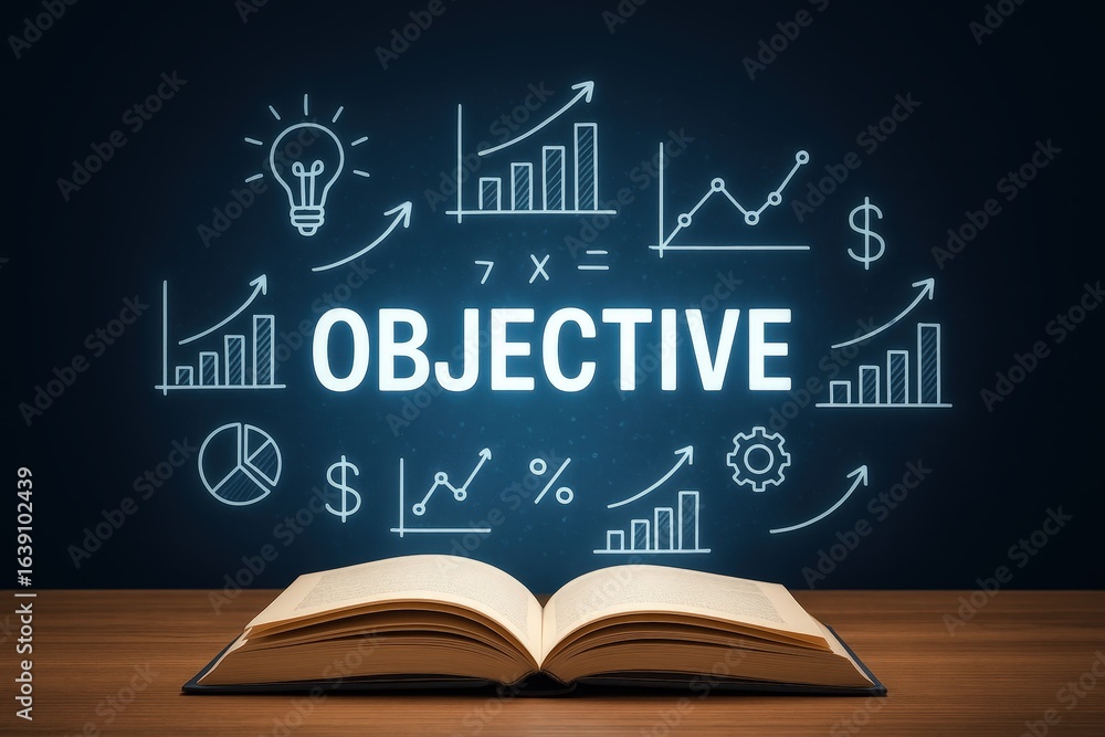 Fototapeta premium Open book with business graphics and the word objective on a dark background.