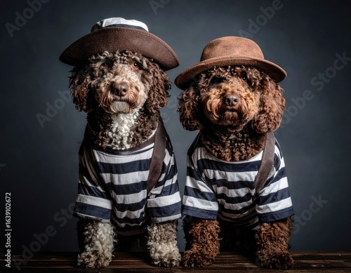Bad dogs dressed as prisoner jail house rock clothes Spanish Water Dog. Funny canine in convict costume playful pet apparel for spanish waterdog breed.