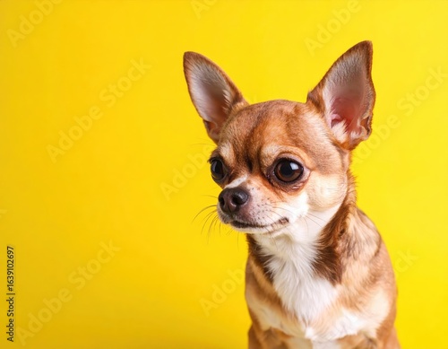 Close up portrait of cute small little poor chihuahua dog sad upset frustrated puppy unhappy frighten scared depressed pet on yellow background begging for food wants to eat. Tiny