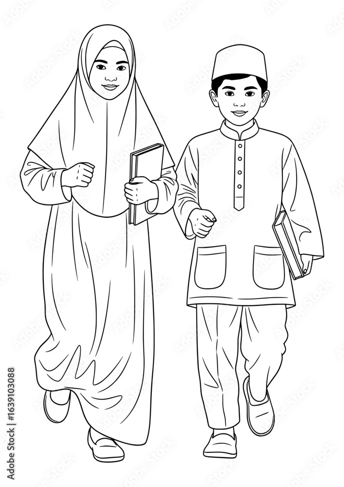 Fototapeta premium A young Muslim boy and girl are walking, holding books.