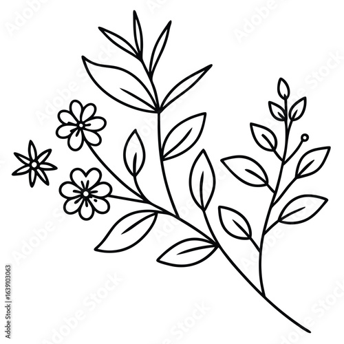 Simple line drawing of flowers and leaves on white background