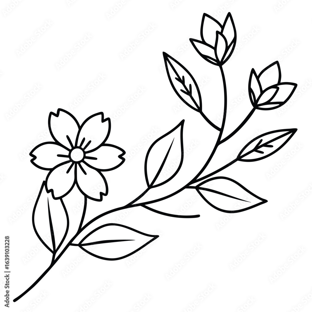 Obraz premium Simple black line drawing of blooming flower branch
