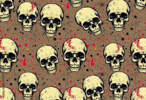 Seamless grunge pattern featuring distressed skulls, splatters, and textures, illustration, dark