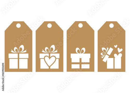 Set de etiquetas de precio con silueta de cajas de regalo en espacio negativo, para regalos de Navidad, cumpleaños o San Valentín 