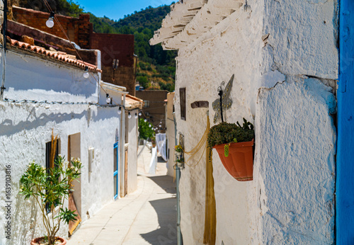 Town street decorated with flowers, in Molinicos village, Castilla la Mancha, Spain.