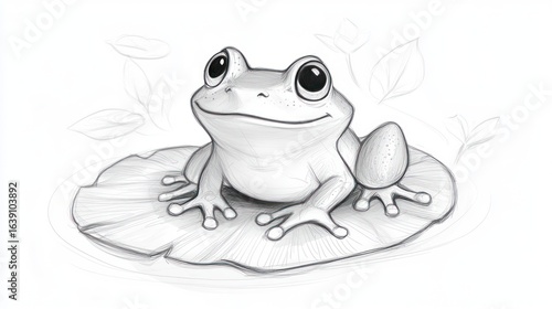 A charming grayscale drawing of a frog perched on a lily pad, surrounded by stylized leaves, showcasing detailed texturing and expressive eyes