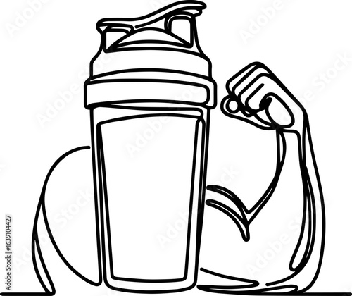 Strong arm flexing next to protein shaker bottle in line art  