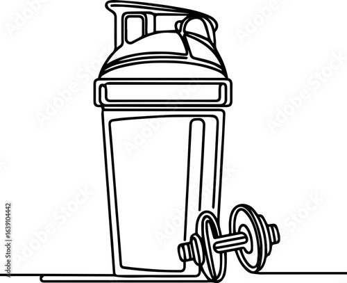 Sports shaker bottle and dumbbells in minimalist line art  