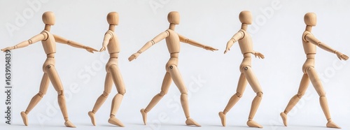 Five wooden artist mannequins arranged in a row walking forward with arms extended, demonstrating motion and coordination in a minimalist setting