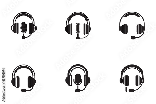 Headset Icon Set for Communication Customer Support and Gaming Minimalist Black and White Illustration