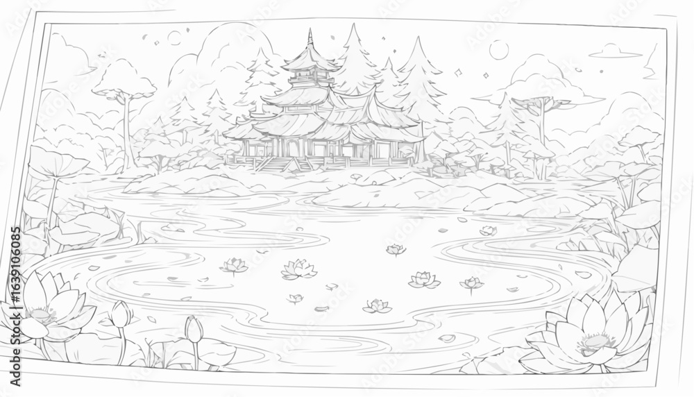 Fototapeta premium Serene garden illustration, peaceful mood, outlined for coloring, tranquil landscape