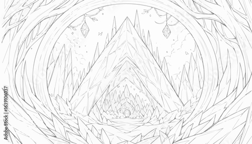 Mystical mountain passage illustration, enchanting mood, outlined for coloring, nature abstraction