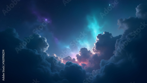 A breathtaking view of a celestial nebula glowing with vibrant teal and purple hues amidst a sea of dark cumulus clouds a cosmic dreamscape of ethereal beauty and otherworldly
