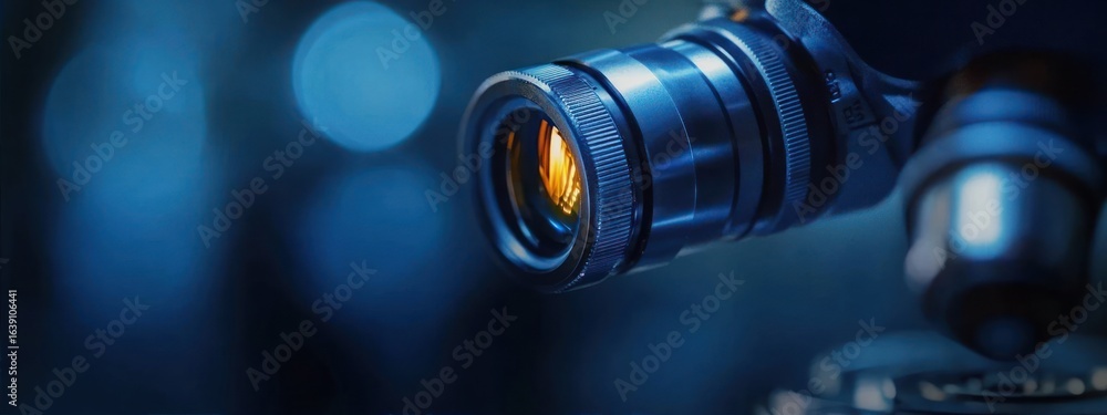 Fototapeta premium Close-up of a microscope lens capturing detailed and focused scientific observation with a glowing lens in a dimly lit lab environment