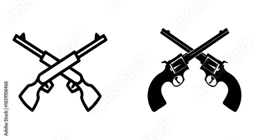 Set of crossed different gun's outline silhouette vector illustration design