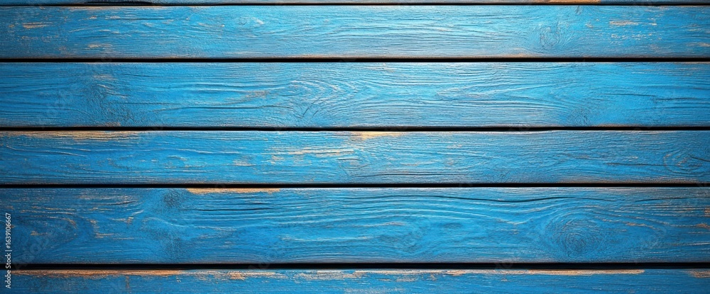 Obraz premium Close-up of blue painted wooden planks with visible grain and weathered texture showing slight wear and natural wood tones