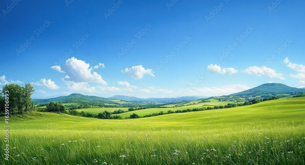 Fototapeta premium Vast green grassy fields under a bright blue sky with scattered white clouds and rolling hills in the distance, evoking calm and serenity
