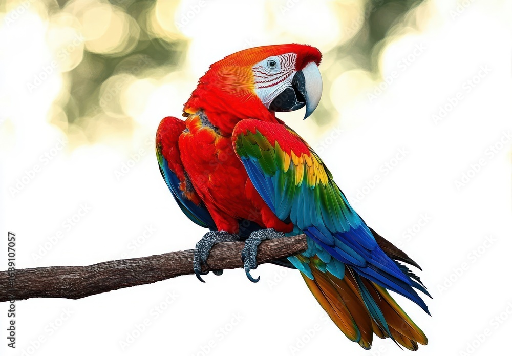 Naklejka premium colorful parrot with vibrant red, green, blue, and yellow feathers perched calmly on a tree branch with a blurred natural background