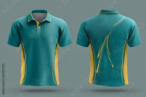 Vector cricket jersey with polo collar, teal and yellow accents, copy space. 