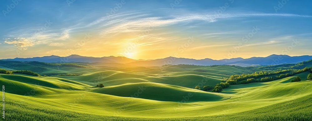 Obraz premium Sunrise over rolling green hills with a line of trees and distant mountain range under a blue sky with scattered clouds