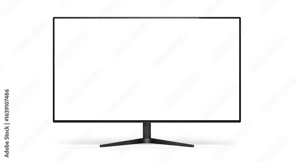 Naklejka premium A modern black widescreen computer monitor with a blank white screen isolated on a white background.