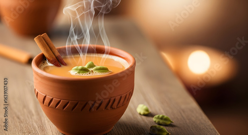 steaming indian chai tea kulhad cinnamon cardamom