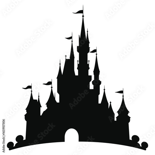 Silhouette of a fairy tale castle with spires and flags against a white background illustration