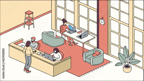 Isometric office coworking space design with people working on laptops and meeting at reception area setup