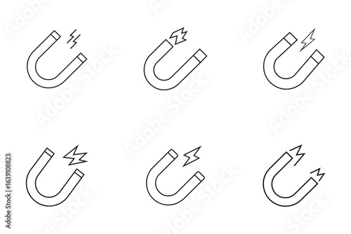 Magnet Icons Set on White Background Illustrating Magnetic Field Lines and Scientific Phenomena