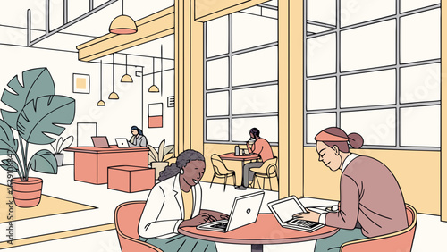 Coworking space with people working on laptops in a modern office interior design and plants illustration