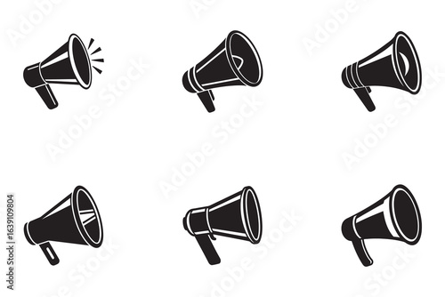 Megaphone Vector Icons Set for Communication and Alert Concepts on White Background Emphasizing Voice and Announcement Design Elements