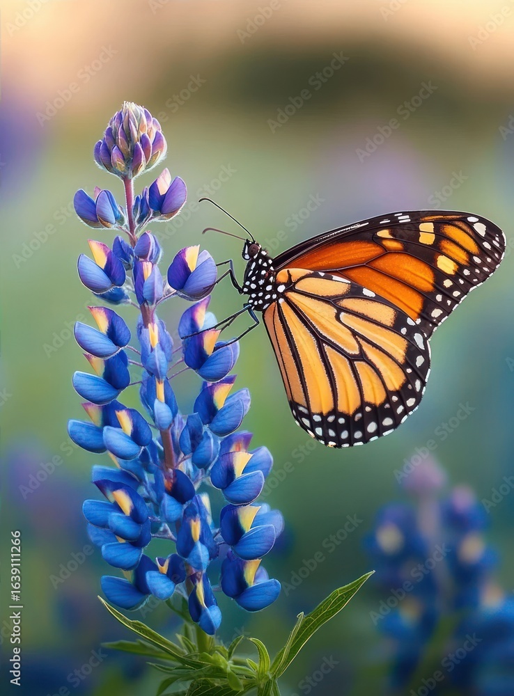 Obraz premium vibrant orange and black butterfly perched delicately on a tall blue and yellow lupine flower with soft blurred background